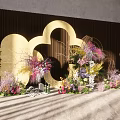Decorative Scene With Gold Cloud Shaped Decor Colorful Flowers Woven Decorations And Dark Wooden Wall