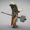 Armored Fantasy Warrior Character With Hammer Tome Red Cloak And Gold Accents