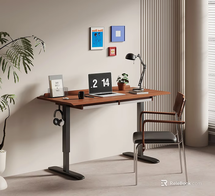 Modern Adjustable Wooden Desk With Laptop Lamp Potted Plant And Decorative Paintings 3d model 