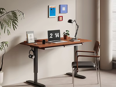 Modern Adjustable Wooden Desk With Laptop Lamp Potted Plant And Decorative Paintings 3d model