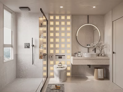 Modern Bathroom Interior Design With Glass Shower Round Mirror And Wall Mounted Vanity 3d model