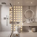 Modern Bathroom Interior Design With Glass Shower Round Mirror And Wall Mounted Vanity
