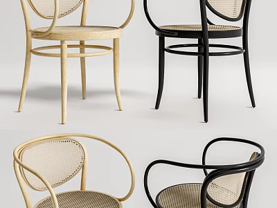 Modern Wicker Dining Chairs With Curved Backrest And Black Light Wood Finish 3d model