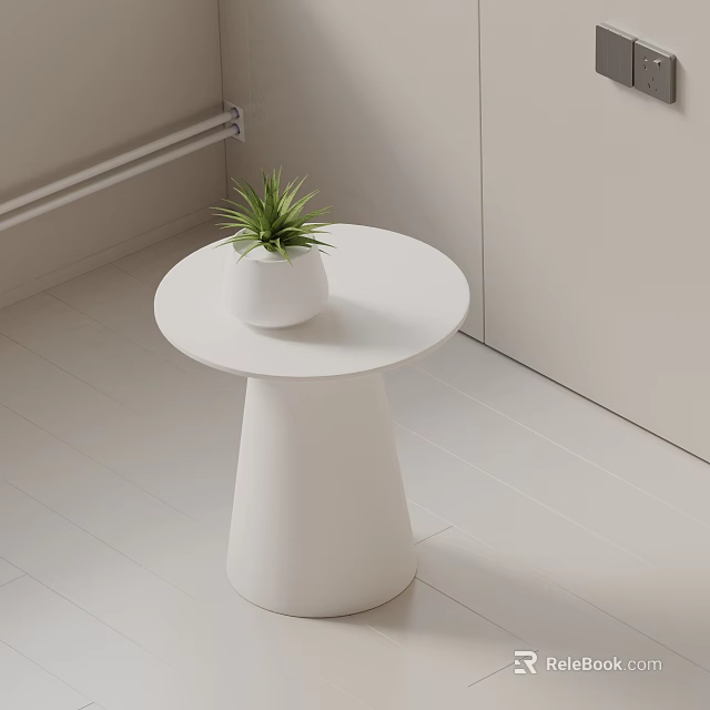 White Round Side Table With Green Plant In White Planter On Light Wooden Floor 3d model 