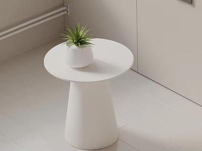 White Round Side Table With Green Plant In White Planter On Light Wooden Floor 3d model