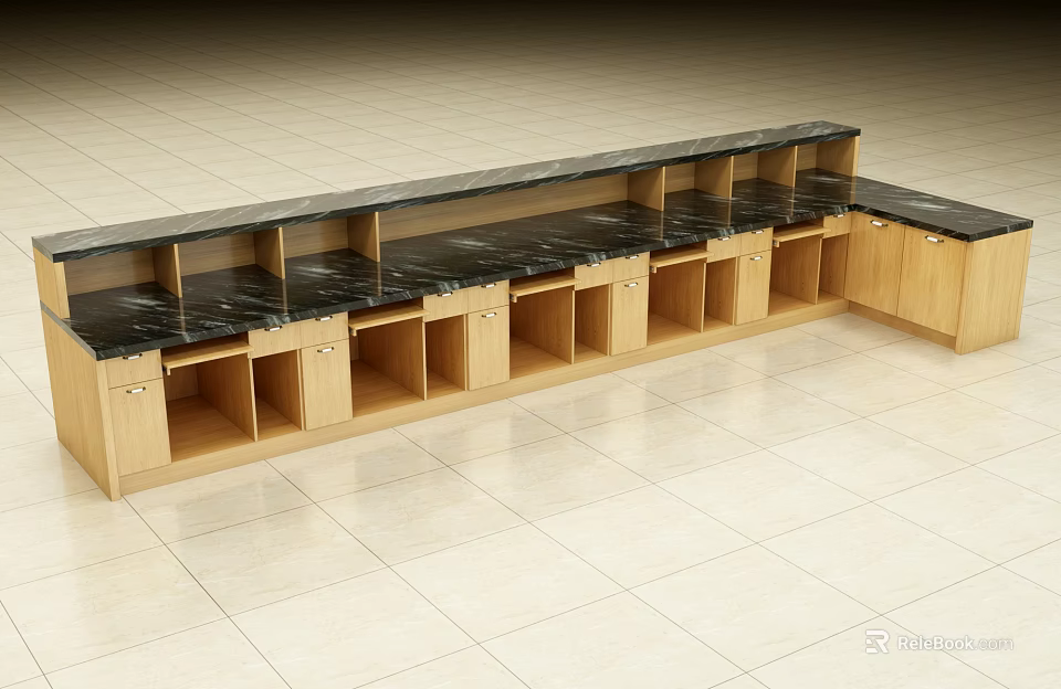 Modern Reception Desk With Wooden Structure And Black Marble Countertop Featuring Drawers And Storage 3d model 