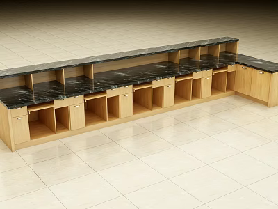 Modern Reception Desk With Wooden Structure And Black Marble Countertop Featuring Drawers And Storage 3d model