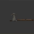Stone Pillars Supporting Beam With Orange Detail And Circular Ring On Brown Platform