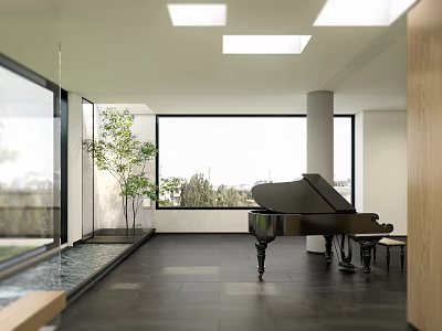 Modern Grand Piano Room With Large Windows Natural Light And Plants 3d model