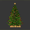 Green Christmas Tree With Star On Top Colorful Ribbons Ornaments And Gift Boxes
