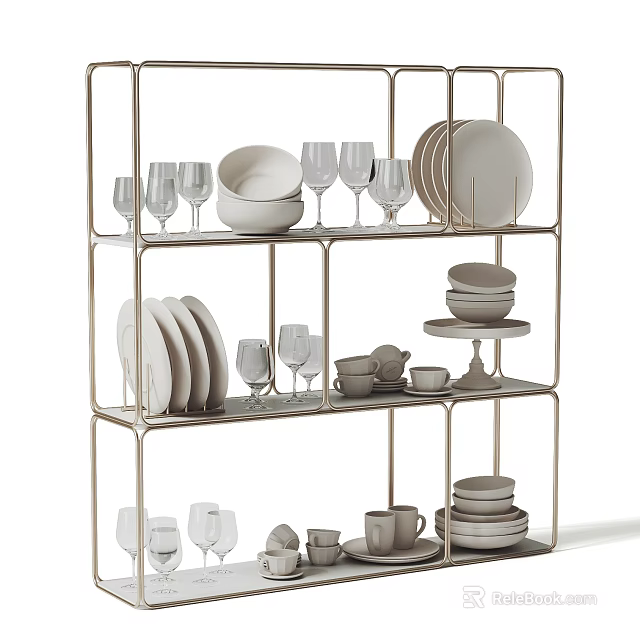 Stylish Dinnerware Set Displayed On Metal Shelf With Plates Bowls And Wine Glasses 3d model 