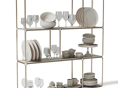 Stylish Dinnerware Set Displayed On Metal Shelf With Plates Bowls And Wine Glasses 3d model