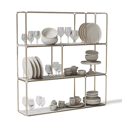 Stylish Dinnerware Set Displayed On Metal Shelf With Plates Bowls And Wine Glasses 3d model
