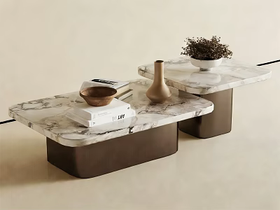 Modern Coffee Table With Marble Top Dark Base And Decorative Vase Books Plant 3d model