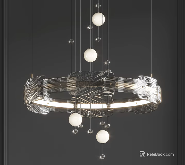 Modern Metallic Circular Chandelier Featuring Hanging White Spheres And Soft Lighting 3d model 