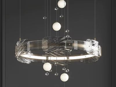 Modern Metallic Circular Chandelier Featuring Hanging White Spheres And Soft Lighting 3d model