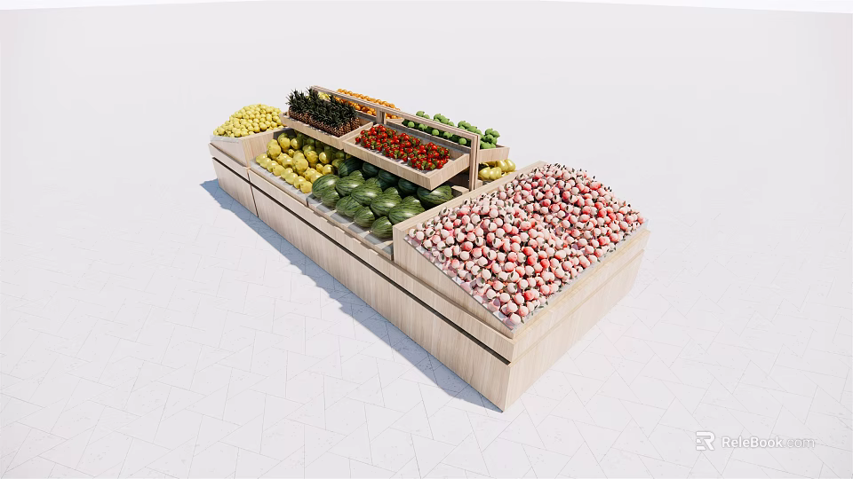 Wooden Fruit Display Shelf with Multi tiered Design and Assorted Fresh Fruits 3d model 