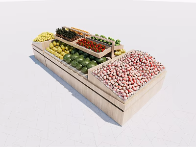 Wooden Fruit Display Shelf with Multi tiered Design and Assorted Fresh Fruits 3d model