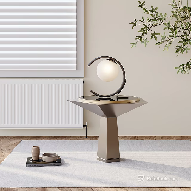 Elegant Modern Side Table with Metal Pedestal Geometric Top and Circular Lamp Design 3d model 