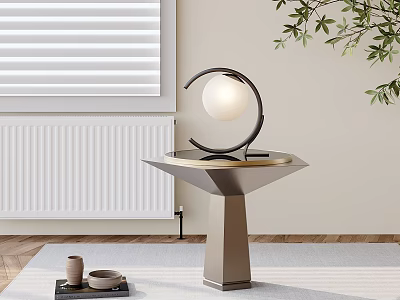 Elegant Modern Side Table with Metal Pedestal Geometric Top and Circular Lamp Design 3d model