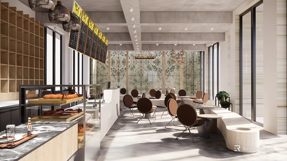 Modern Café Interior With Cozy Seating Area Wooden Counter And Pendant Lights 3d model 