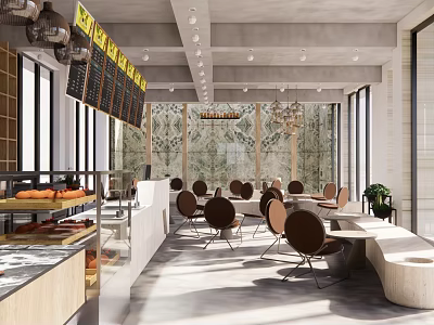 Modern Café Interior With Cozy Seating Area Wooden Counter And Pendant Lights 3d model