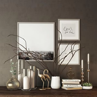 Elegant Candle Lamp Interior Decor With Framed Artworks Twig Decorations And Gold Flamingo Figurine 3d model