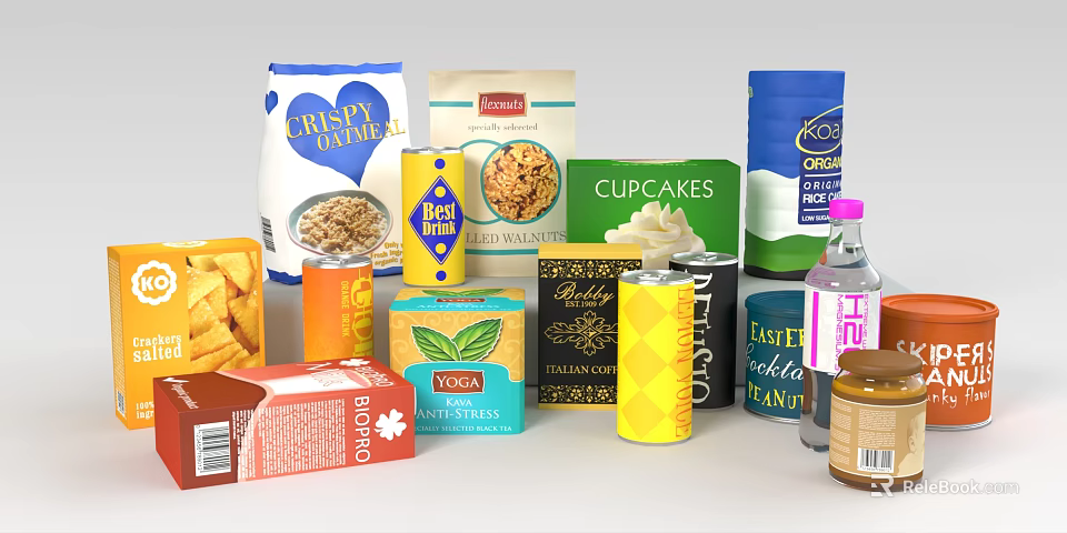 Assorted Packaged Food Items Including Oatmeal Cupcakes Biscuits Vodka And Tea 3d model 