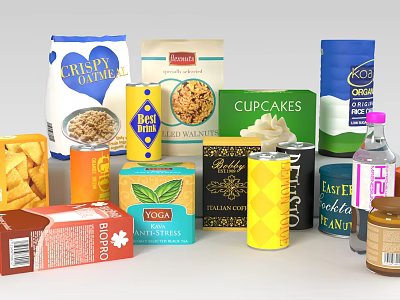 Assorted Packaged Food Items Including Oatmeal Cupcakes Biscuits Vodka And Tea 3d model