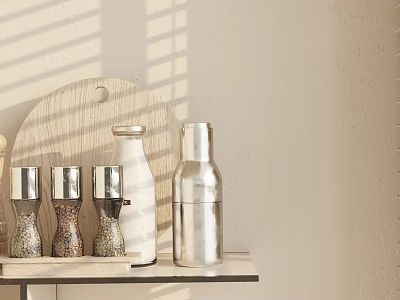Stylish Glass And Metal Spice Bottles Arranged On Sunlit Wooden Kitchen Counter 3d model