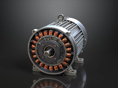 Electric Motor With Copper Coils And Silver Casing On Black Background 3d model