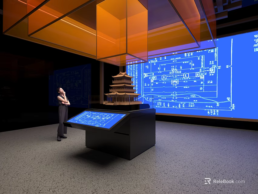 Art Installation With Traditional Pagoda Model Blueprints And Interactive Digital Screen 3d model 