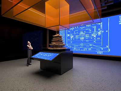 Art Installation With Traditional Pagoda Model Blueprints And Interactive Digital Screen 3d model