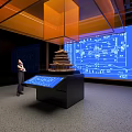 Art Installation With Traditional Pagoda Model Blueprints And Interactive Digital Screen
