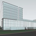 Modern High Rise Industrial Park With Glass Curtain Wall And Greenery Near Busy Road
