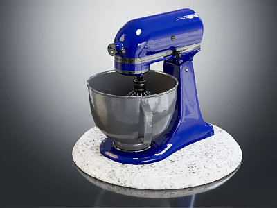 Blue Stand Mixer Kitchen Appliance With Stainless Steel Bowl On White Marble Countertop 3d model