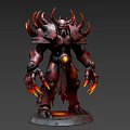 Game And Movie Character In Red Armor With Horns Glowing Elements And Flame Like Hands