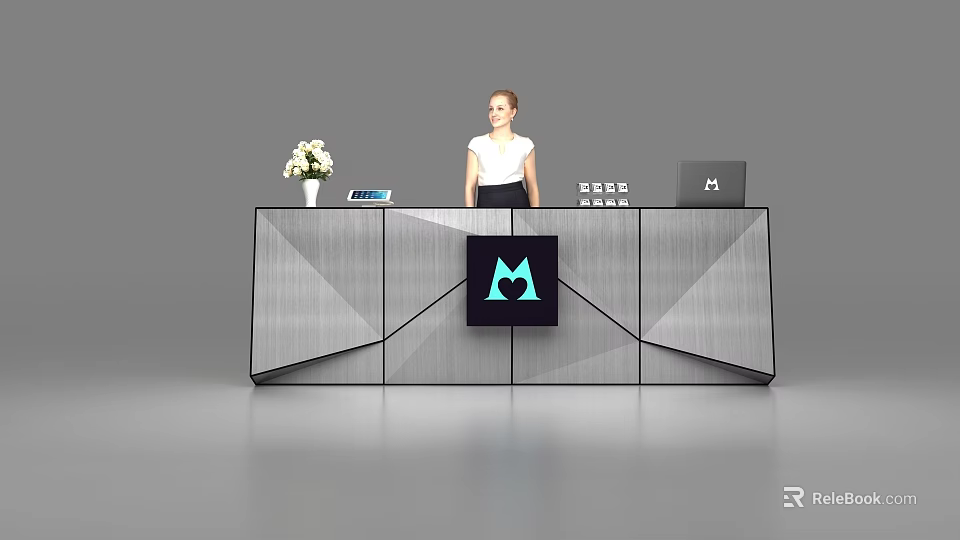 Modern Geometric Reception Desk With Flower Vase Tablet Laptop And Receptionist 3d model 
