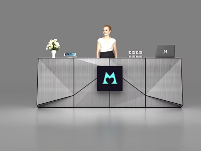 Modern Geometric Reception Desk With Flower Vase Tablet Laptop And Receptionist 3d model