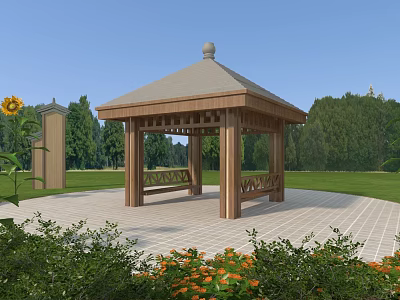 Wooden Pavilion With Bench In Garden Surrounded By Green Lawn And Flower Bushes 3d model