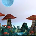 Leafy Green Vegetables And Red Spotted Mushrooms In Moonlit Night Garden With Stars