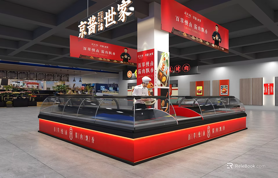 Supermarket Grocery Display Area With Red Signage And Glass Counter For Sauce Products 3d model 