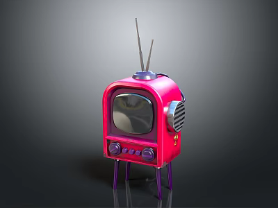 Pink Vintage Electronic TV Appliance with Antenna Knobs and Purple Legs 3d model