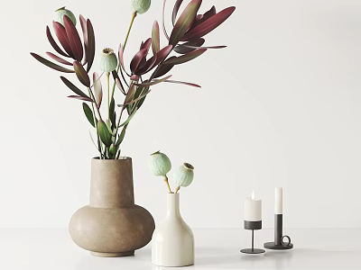 Minimalist Tabletop with Beige and White Vases Flowers Green Buds and White Candles Black Bases 3d model