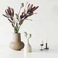 Minimalist Tabletop with Beige and White Vases Flowers Green Buds and White Candles Black Bases