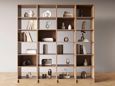 Modern Minimalist Light Wood Bookcase With Multi Compartment And Decorative Items 3d model