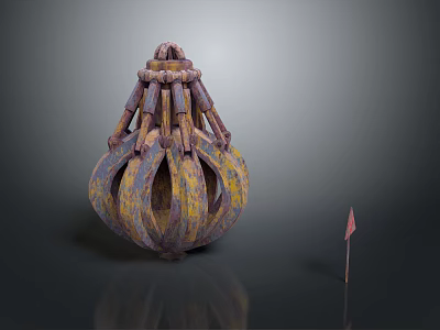 Functional Heavy Duty Vehicle With Rusty Blue Yellow Metal Grapple Claws And Red Marker Pole 3d model