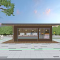 Outdoor Wooden House With Open Design Trees Seating Area Paved Floor And Lighting