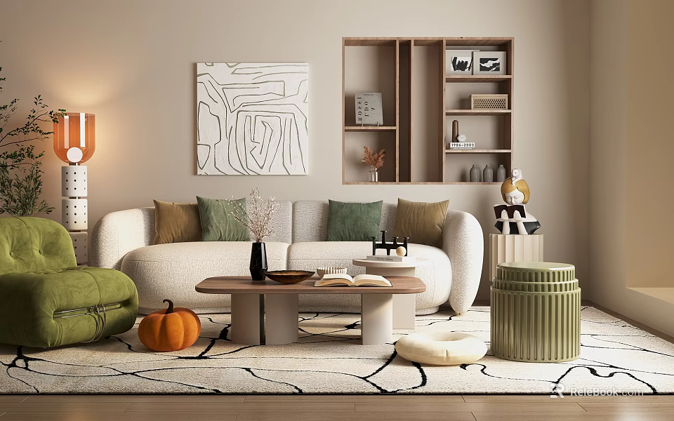 Beige Sofa with Green Brown Cushions and Wooden Coffee Table in Modern Living Room 3d model 
