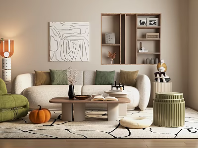 Beige Sofa with Green Brown Cushions and Wooden Coffee Table in Modern Living Room 3d model